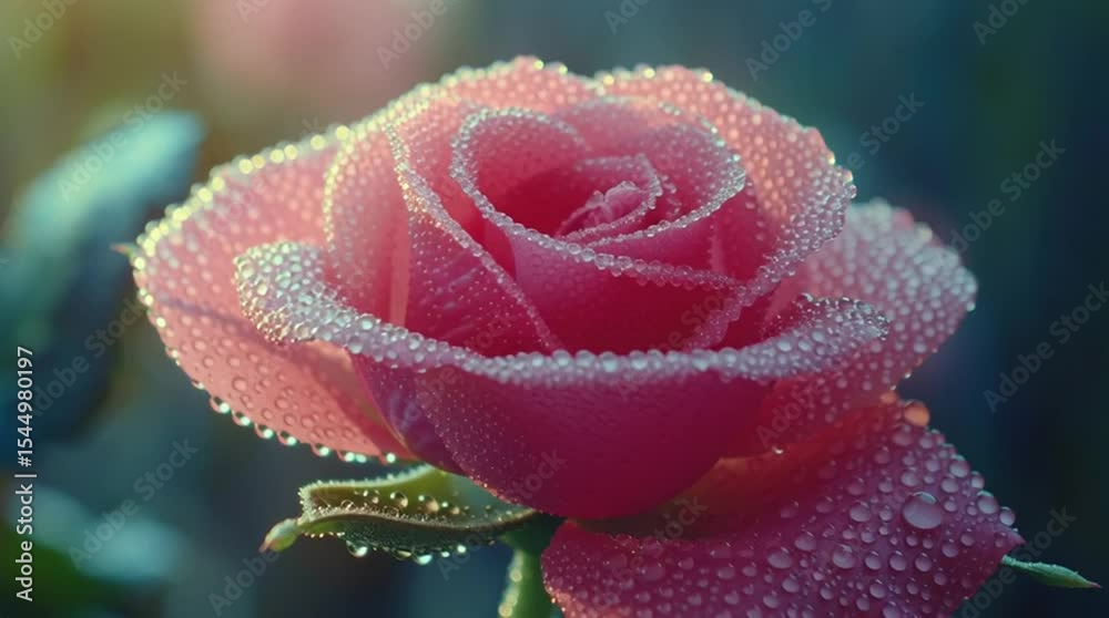 Macro video of red rose with morning dew drops.Hyper-realistic macro footage of a red rose covered in glistening dewdrops. The camera slowly moves across the delicate petals, highlighting their textur