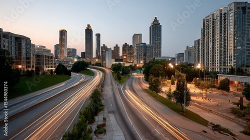 Atlanta Skyline at Dusk with Highway Light Trails