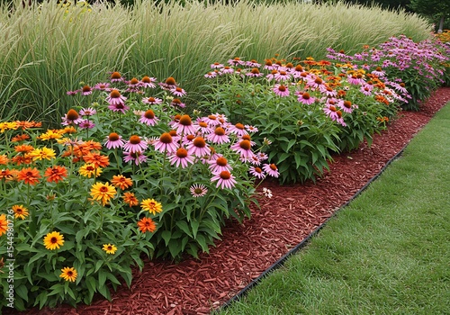 Colorful flowerbed with echinacea and rudbeckia in a garden