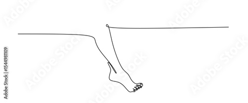 Continuous one line art drawing of bare foot in simple style and outline vector art illustration, Barefoot human footprint drawn in one continuous editable line. Diagonal track of barefoot footprint.