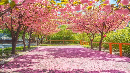 Cherry blossom tunnel pathway covered with vibrant pink petals under sunny sky in full bloom. seamless looping 4k time-lapse animation video background