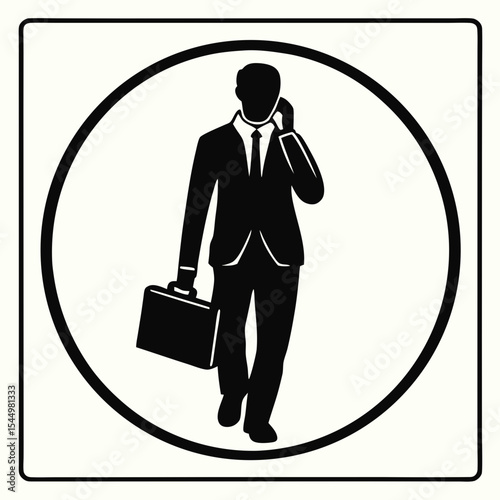 A businessman carries a briefcase and coffee, a black and white silhouette isolated on white background