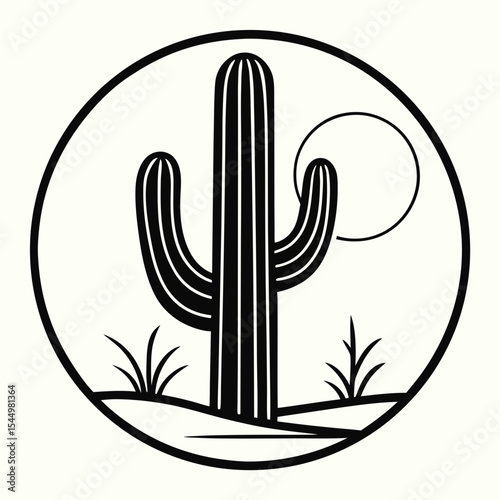 A saguaro cactus stands tall in the desert under a bright sun, a simple black and white illustration isolated on white background