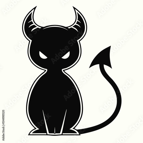 A cute cartoon devil cat with horns and a tail isolated on white background