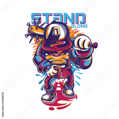 vector design logo, T-shirt Illustration, Strong baseball kid, comics, text template