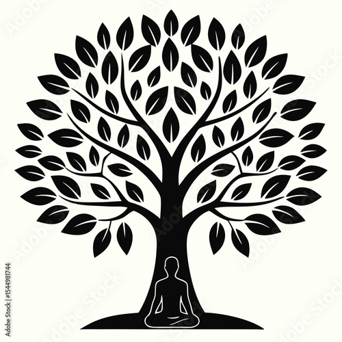 A man meditating under a large tree, isolated on white background