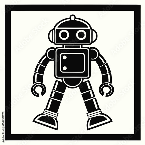 A black and white illustration of a retro robot isolated on white background