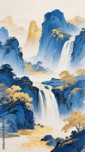 Serene Mountain Landscape with Cascading Waterfalls and Golden Trees
