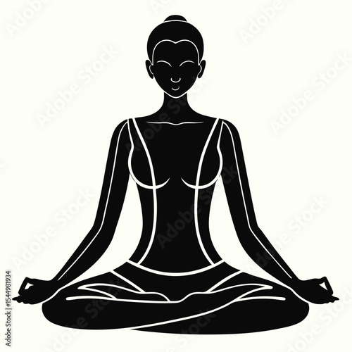 A woman sits in a yoga meditation pose, isolated on white background