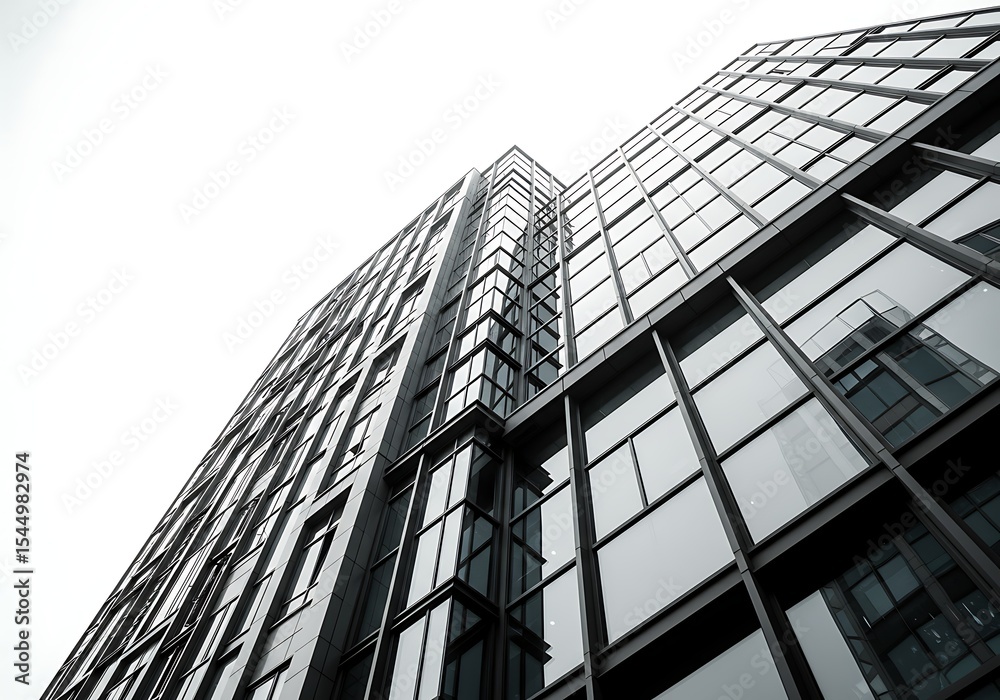 Fototapeta premium Looking up at modern skyscraper isolated on white background