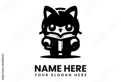 Adorable cartoon cat, wearing a hooded robe, engrossed in reading a large book.