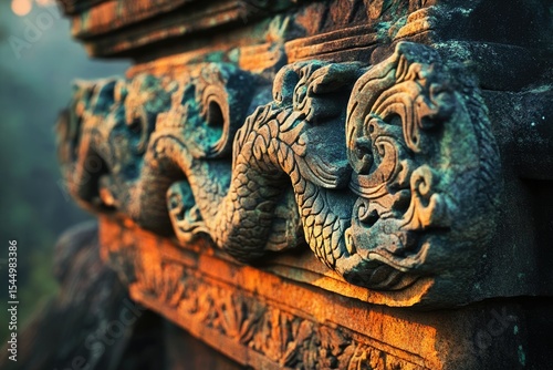 Intricate stone carving of a dragon adorns ancient Asian architecture, bathed in warm sunlight.