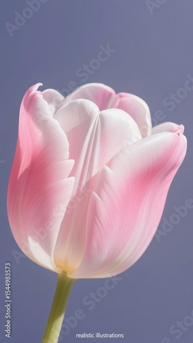 A delicate pink tulip with soft petals against a muted purple background