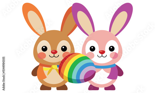 Adorable cartoon rabbits with rainbow easter egg illustration