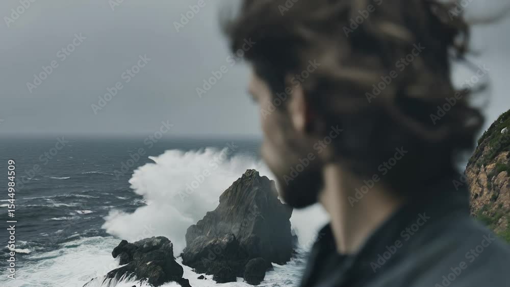 Man standing on rocky coastline gazing at ocean waves under overcast sky