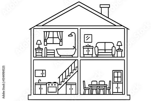 Vector Illustration of Dollhouse Cross-Section with Furniture