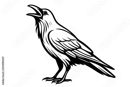 Calling Raven Vector Illustration in Black Line Style