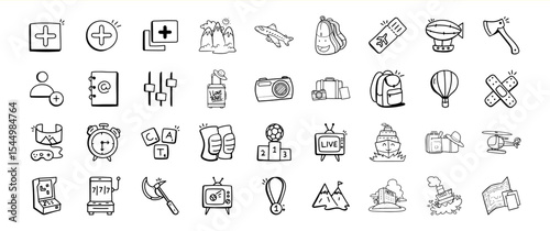 Black and White Doodle Icon Collection Travel Adventure