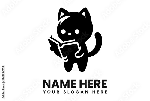 A black cartoon cat is reading a book with a curious expression.
