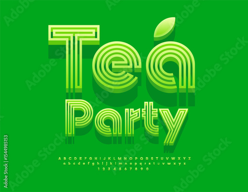 Vector Eco emblem Tea Party. Unique Green Font. Trendy Cool Alphabet Letters and Numbers set.