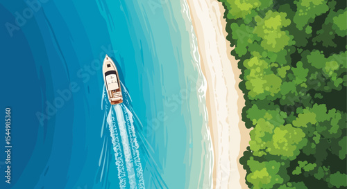 Aerial View of Boat Approaching Tropical Beach, Turquoise Water, Lush Green Forest