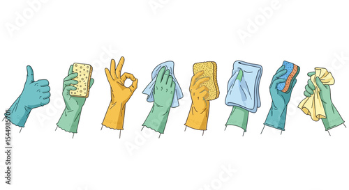 Cleaning Supplies Hands Holding Sponges, Cloths, and Cleaning Tools
