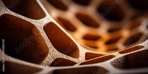 Geometric honeycomb paper structure viewed from an angle. Sharp focus on repeating hexagonal cells creates a dynamic pattern that softens into a beautiful bokeh.