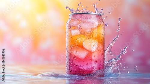 Iced can splashing in water on vibrant gradient