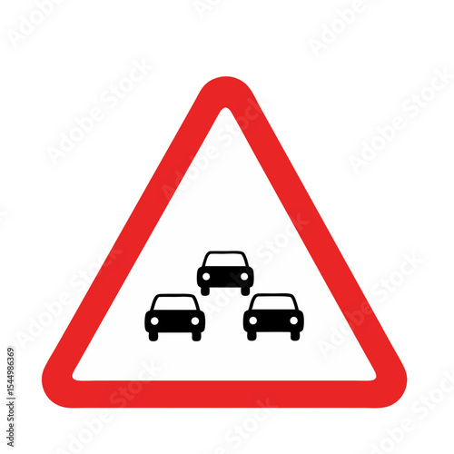 Traffic sign warning of traffic jams and poor visibility on the road red triangle with three cars on transparent background