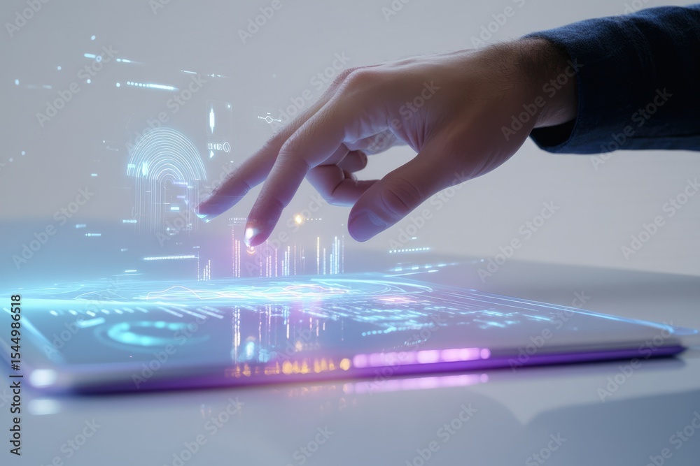 Fototapeta premium A finger interacts with a futuristic holographic interface displaying data visualizations and biometric authentication.