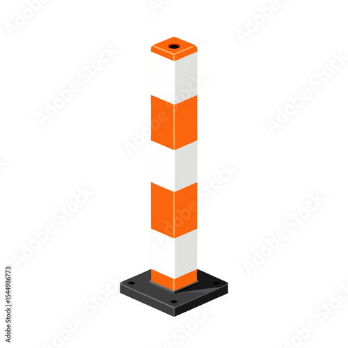 Traffic safety bollard with orange and white stripes on base , on a transparent background