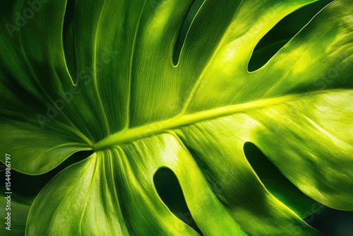 Close-up of a vibrant green Monstera deliciosa leaf, showcasing its unique texture and fenestrations. photo