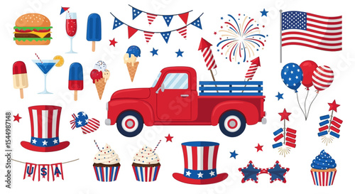 Red Truck, Fireworks, and Festive Treats A Fourth of July Celebration Clipart