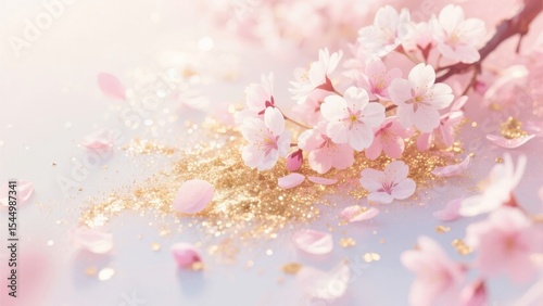 Delicate cherry blossoms with golden glitter scattered on a soft, pastel background.