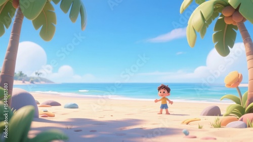 Animated character standing on a sunny beach with palm trees and ocean waves in the background