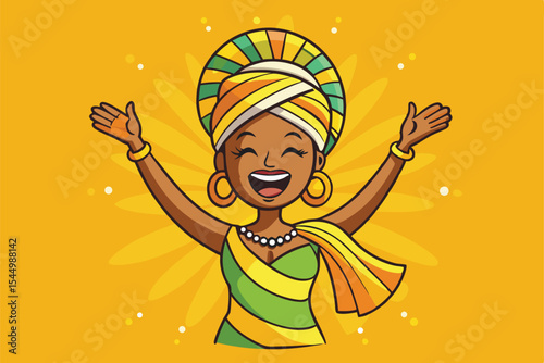 Joyful Woman Celebrating in Vibrant Attire With Arms Raised on Yellow Background