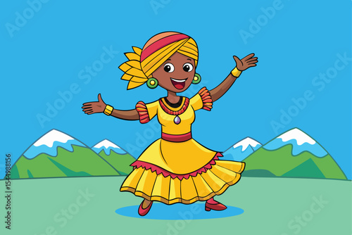 Illustration of a cheerful woman dressed in cultural attire, happily dancing against a mountain backdrop under a blue sky, reflecting tradition, celebration, and positivity.