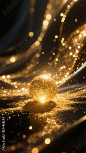 Golden Sphere Illuminated by Sparkling Light Trails on a Reflective Surface