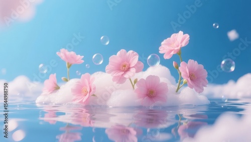 Delicate pink flowers floating on water with bubbles and soft clouds under a clear blue sky