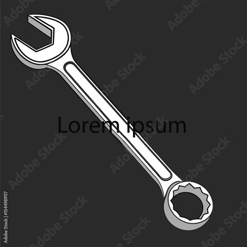 Adjustable metal wrench, spanner, and nut isolated on white, essential chrome steel repair equipment