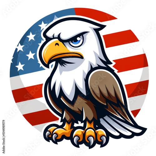 American Eagle: A proud American eagle with sharp eyes, and an imposing silhouette against a backdrop of the American flag, a symbol of patriotism and freedom.