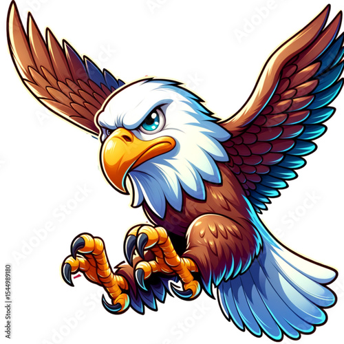 Soaring Eagle: A powerful eagle in flight, with a fierce gaze and outstretched wings, embodying freedom and strength in a dynamic illustration.