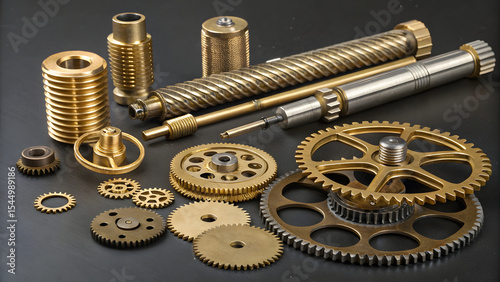 A meticulously arranged collection of mechanical components, including gears, cogs, pistons, springs, and rods, crafted from a combination of polished gold and silver metals