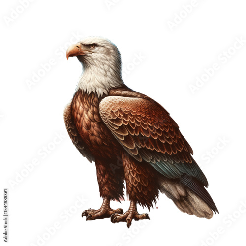 Majestic Eagle Portrait: A striking portrait of a bald eagle, showcasing its piercing gaze and commanding presence. The eagle stands proudly, a symbol of strength, freedom, and national pride.