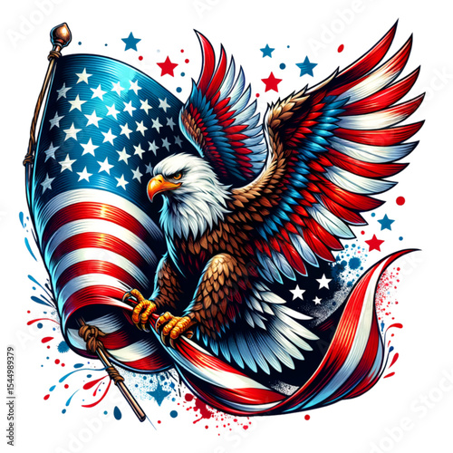 American Symbol: An artistic representation of an American bald eagle with its wings spread, proudly clutching a waving American flag, a patriotic emblem of freedom and national pride.