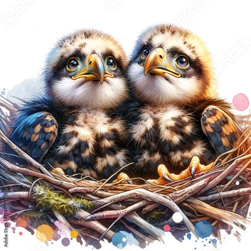 Cuteness in the Nest: Two adorable fledgling hawks gaze outwards from their nest, surrounded by twigs and soft bedding, with captivating feather details. Capturing the gentle wonder of baby birds.