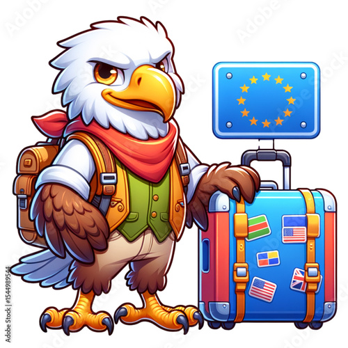 Eagle Traveler Cartoon: A cartoon eagle, dressed in travel attire, stands proudly beside his luggage, ready for an exciting journey across Europe. The European Union flag is visible on a nearby sign.