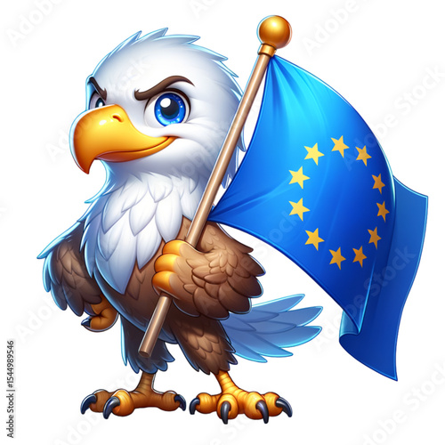 Proud Mascot: A stylized eagle stands tall, proudly brandishing the blue flag adorned with golden stars, a symbol of unity and hope.