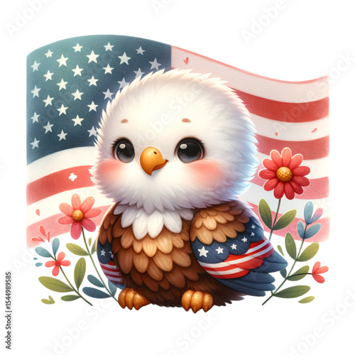 American Eagle Illustration: A cute and cuddly illustration of an American eagle with patriotic elements. It's a delightful portrayal of national pride, evoking a sense of unity and joy.