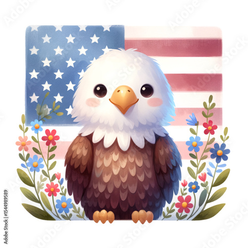American Eagle with Flag: A cute animated American bald eagle illustration in front of US flag, adorned with wildflowers. Symbolizing freedom and national pride.